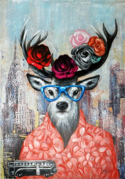 Urban Hipster Deer – Witziges Tierbild – Martin Klein – Modernes Gemälde