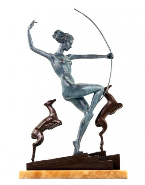 Art Deco Bronze - Diana with fawns - signiert A. Bouraine