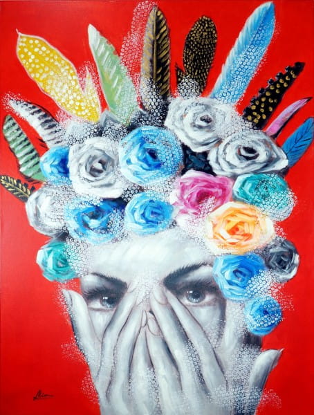 Flowers and Feathers – Portrait Gemälde – Martin Klein – Modern Art