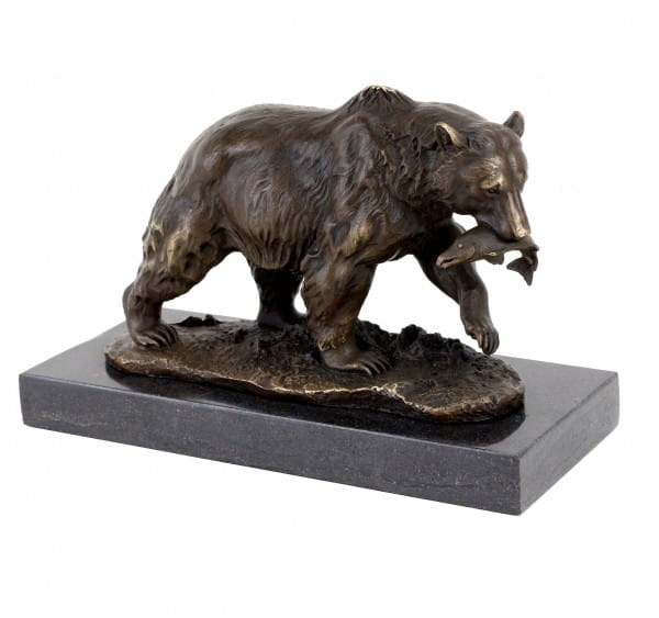 Skulptur jagender Grizzlybär Bronzeskulptur Marmor Sockel Graubär Jäger Bär Zoo 
