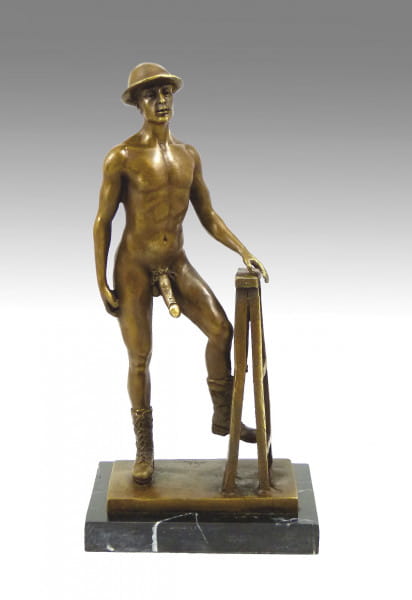 Erotische Bronze - Nackter Mann mit Hut und Stiefeln - M.Nick