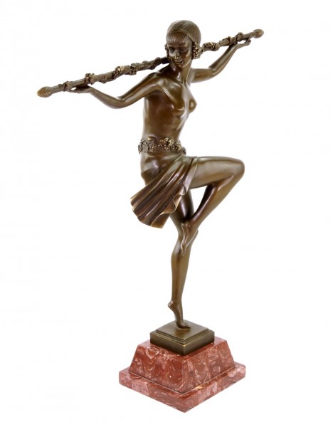 Art Deco Bronze Statue - Bacchantische Tänzerin mit Thyrsosstab