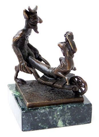Erotik Wiener Bronze -Faun/ Satyr fährt Jungfrau auf Schubkarre