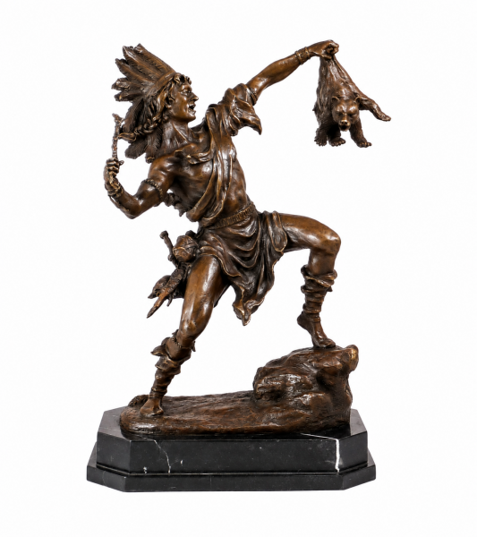 Indianer Figur mit Bär - Carl Kauba Bronze - Bronzefigur