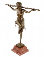 Art Deco Bronze Statue - Bacchantische Tänzerin mit Thyrsosstab